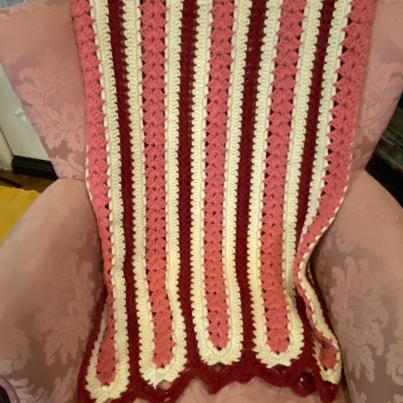 Vintage Handmade Crocheted Afghan Blanket; Rose, Pink, and Cream Stripes; 45x60 - Picture 2 of 10